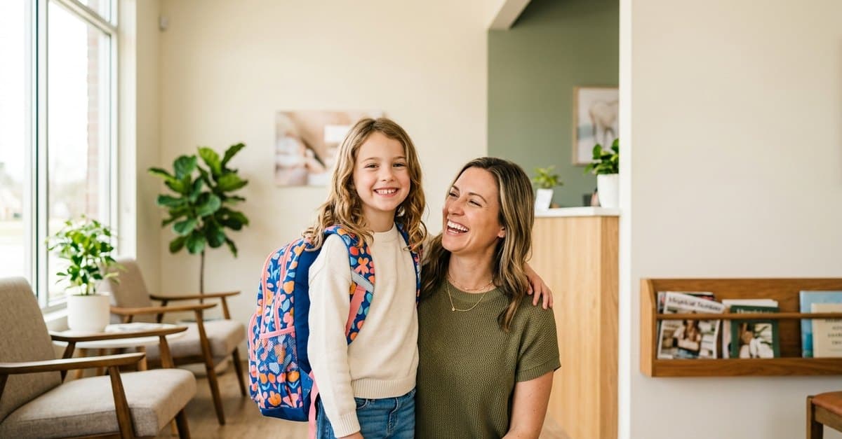 Back-to-school dental visits in San Jose — a child with a school backpack and her mother smiling at Lotus Dental Group