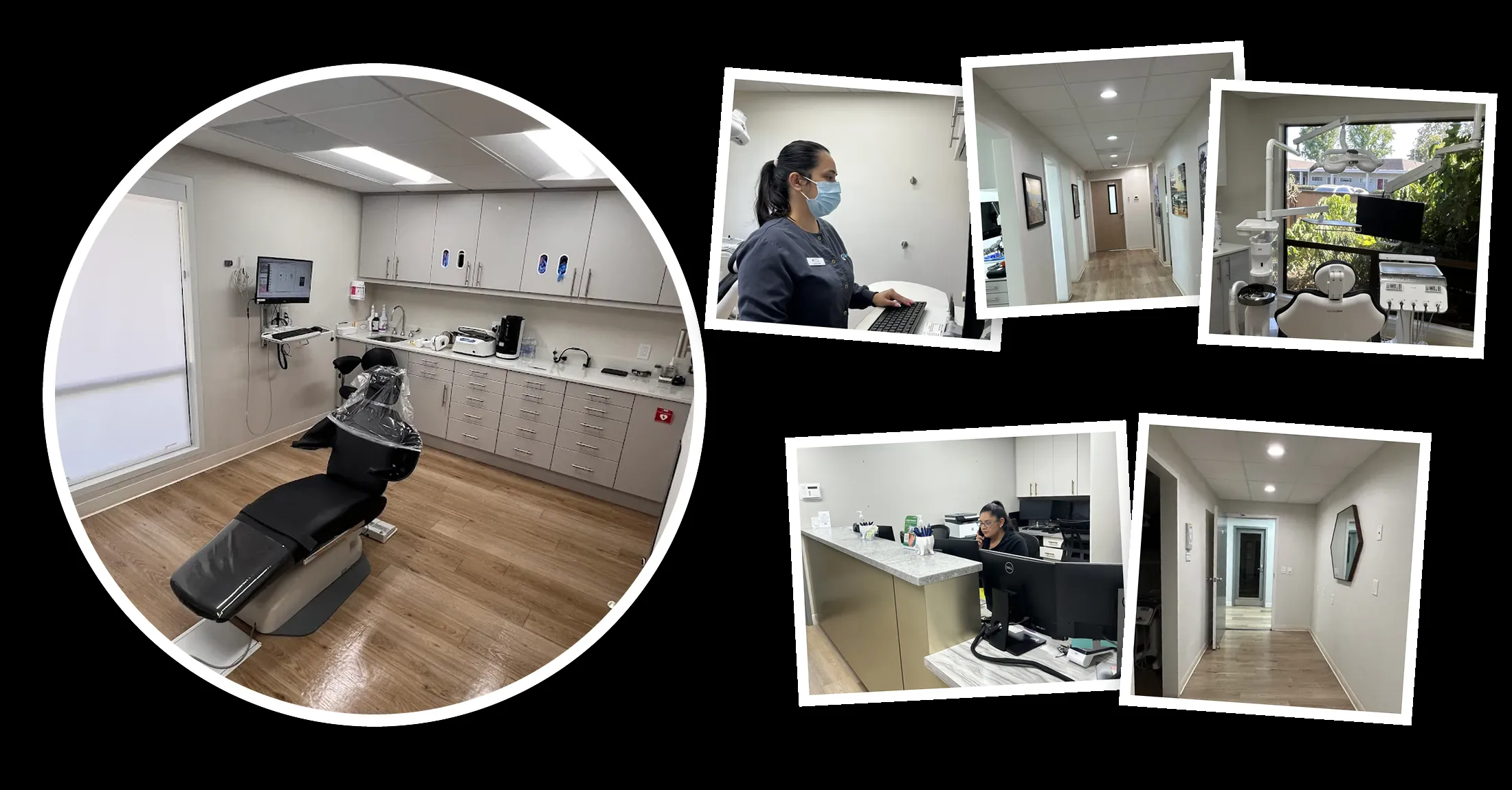 A collage of Lotus Dental Group's modern San Jose office — treatment rooms, front desk, and hallways